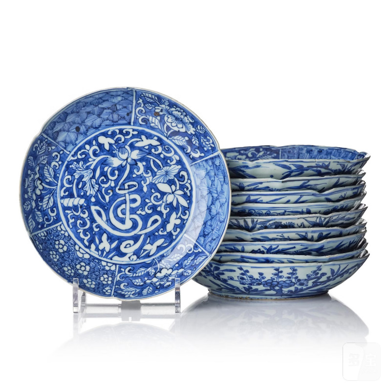 A set of 10 blue and white dishes,